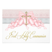 Première communion d'or de croix de rose gris rose invitations