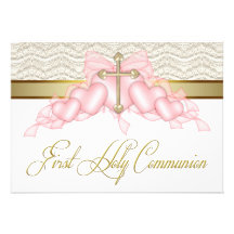 Première communion d'or de croix de rose rose de f invitations personnalisées