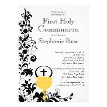 Première sainte communion florale noire moderne cartons d'invitation