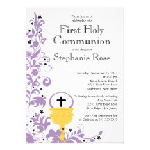 Première sainte communion florale pourpre moderne carton d'invitation