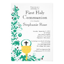 Première sainte communion florale verte moderne invitations personnalisables