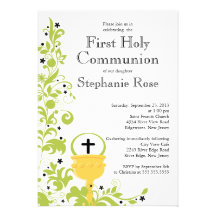 Première sainte communion florale verte moderne cartons d'invitation