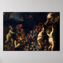 Putti jouant avec des guirlandes des fleurs poster