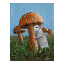 Rat sous le champignon en carte postale de pluie