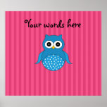 Rayures bleues mignonnes de rose de hibou posters