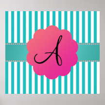 Rayures de turquoise de monogramme affiches