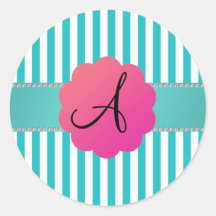 Rayures de turquoise de monogramme autocollant rond