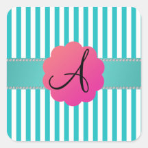 Rayures de turquoise de monogramme autocollant carré