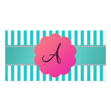 Rayures de turquoise de monogramme photocartes personnalisées