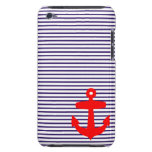 Rayures rouges de marin de bleu marine d'ancre et coque iPod Case-Mate 