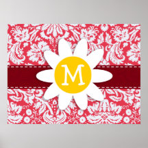 Red Damask Pattern; Daisy Posters