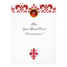 RED FLEUR DE LISE DAMASK MONOGRAM ANNOUNCEMENTS