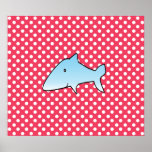 Requin bleu sur le à petits pois rouge affiche