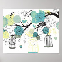 Rétro cage à oiseaux et affiche florale