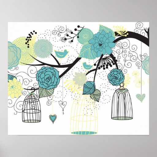 Rétro cage à oiseaux et affiche florale