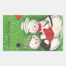 Rétro Noël de bonhomme de neige Sticker En Rectangle