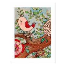 Rétro oiseau, branche, et fleurs cartes postales