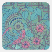 Rétro paon floral autocollant carré