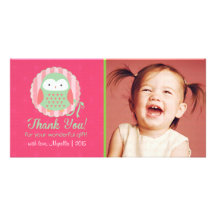 Rétro rose mignon de hibou et Merci Girly vert Photocartes Personnalisées
