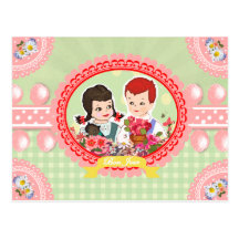 Rétros enfants de fleur de kitsch sur le guingan - cartes postales