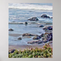 Roches dans le sable et les vagues posters