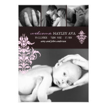 Rose et faire-part de naissance de damassé de Brow