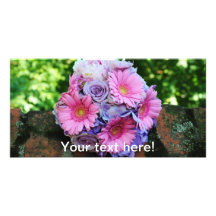 Rose et pourpre fleurit le bouquet cartes avec photo