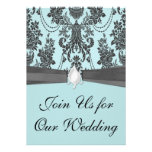 rose mariage damassé bleu-clair de noir invitations