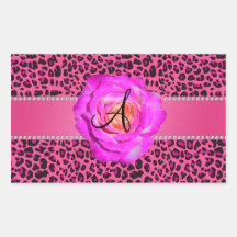 Rose rose de roses indien de léopard de monogramme autocollants en rectangle
