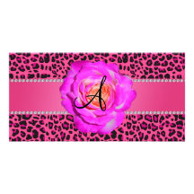 Rose rose de roses indien de léopard de monogramme photocarte