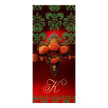 ROSES DE CORAIL ROUGE D'OR, MONOGRAMME DE DAMASSÉ  FAIRE-PART