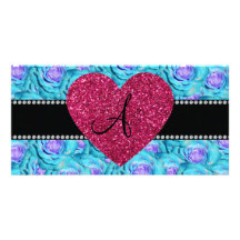 Roses de turquoise de monogramme photocartes personnalisées