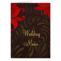 Rouge et menu floral de mariage damassé d'or cartes de vœux