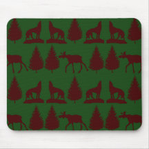 Rouge foncé vert rustique d'orignaux de pins sauva tapis de souris