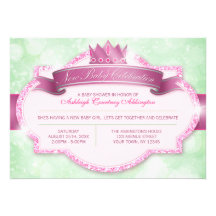 Royal Princess Pink Glitter and Green Baby Shower Personalized Invites
