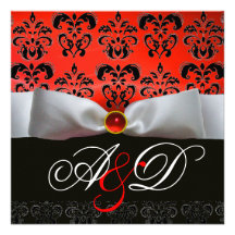 Rubis NOIR ROUGE de MONOGRAMME de DAMASSÉ de RUBAN Invitations Personnalisées