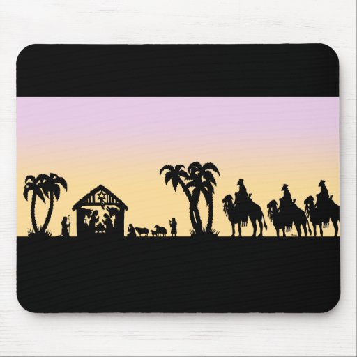Sages de silhouette de nativité sur l'horizon tapis de souris