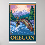 Scène de pêche de mouche - Orégon Affiche