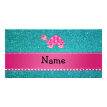 Scintillement rose nommé personnalisé de turquoise cartes avec photo