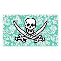 Seafoam Green Damask Jolly Roger Business Card