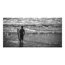 Silhouette de garçon de surfer (noire et blanche) cartes de vœux avec photo