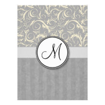 Silver Cream Floral Wisps & Stripes with Monogram Custom Announcement