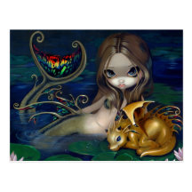 "Sirène avec la carte postale d'un dragon d'or"