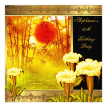 soixantième Jaune asiatique élégant 2 floraux d'or Cartons D'invitation