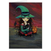 Sorcière mignonne de carte de Halloween et chat no