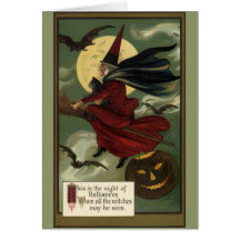 Sorcière vintage de Halloween montant un balai et  Cartes De Vœux