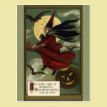 Sorcière vintage de Halloween montant un balai et  cartes postales