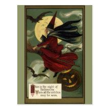 Sorcière vintage de Halloween montant un balai et  Cartes Postales