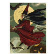 Sorcière vintage de Halloween montant un balai et  Invitations Personnalisées