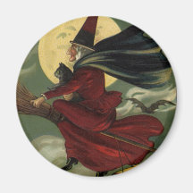 Sorcière vintage de Halloween montant un balai et  Magnets